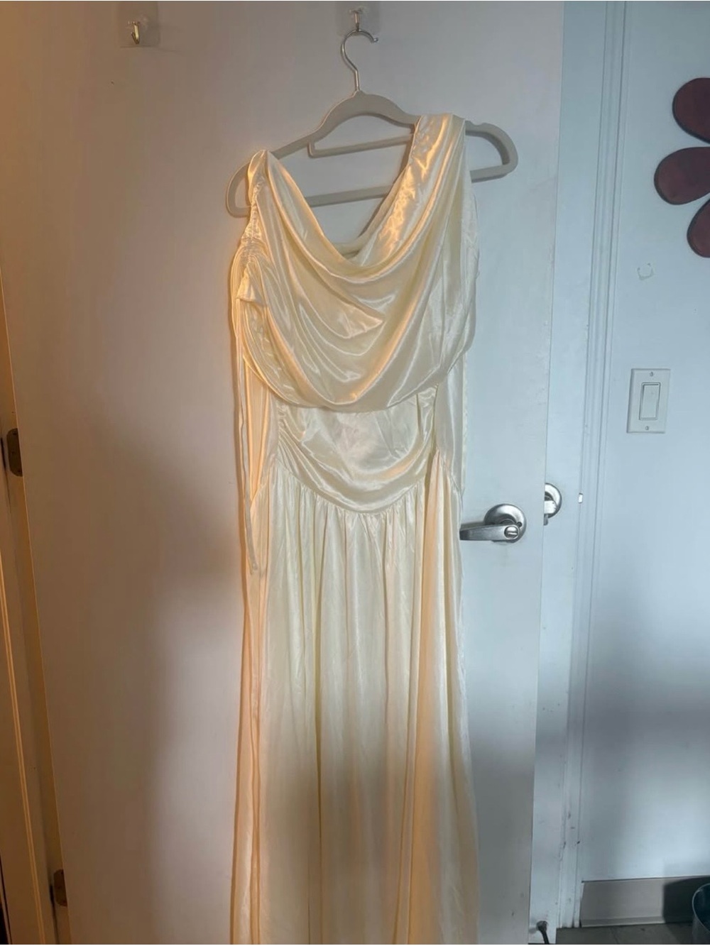 Elegant Ivory Satin Draped Evening Gown Dress
